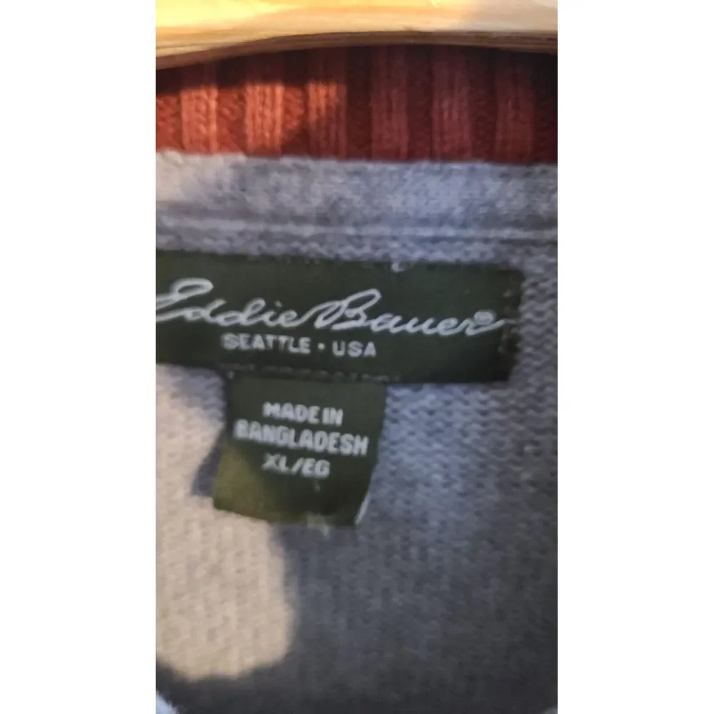 Eddie Bauer Mens Gray Size XL 1/4 Zip Sweater‎ Strip Across Chest Rust/navy